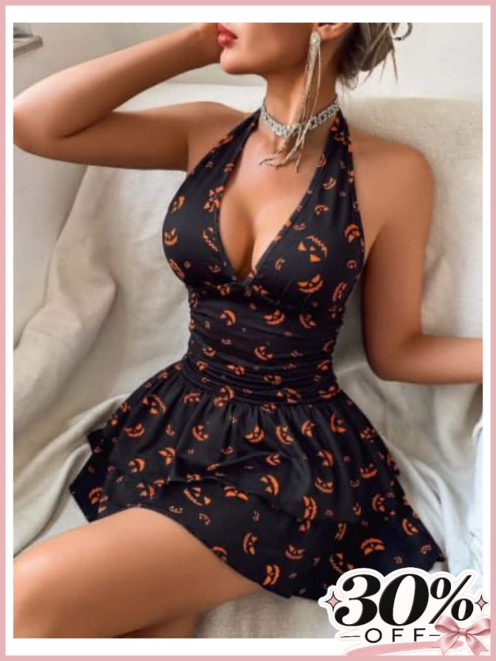 Women's V Neck Halter Mini Dress Short Party Dress - Picture 4 of 5